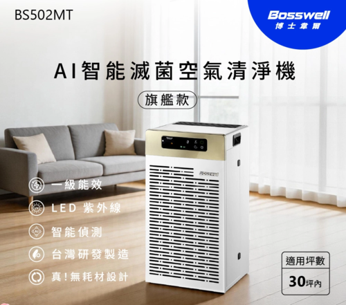 Bosswell博士韋爾 AI智能滅菌空氣清淨機 旗艦款 30坪內 BS502MT((0耗材/可水洗/雙電離技術++UVC LED)